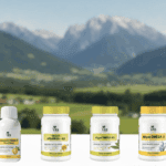Row of Vita Elixia supplements, including Vegan Vitamin D3 and Algae Omega 3, against a blurred Alpine background.
