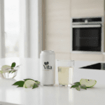 Vita Elixia refreshing wellness beverage in a white can next to a poured glass and crisp green apple slices.